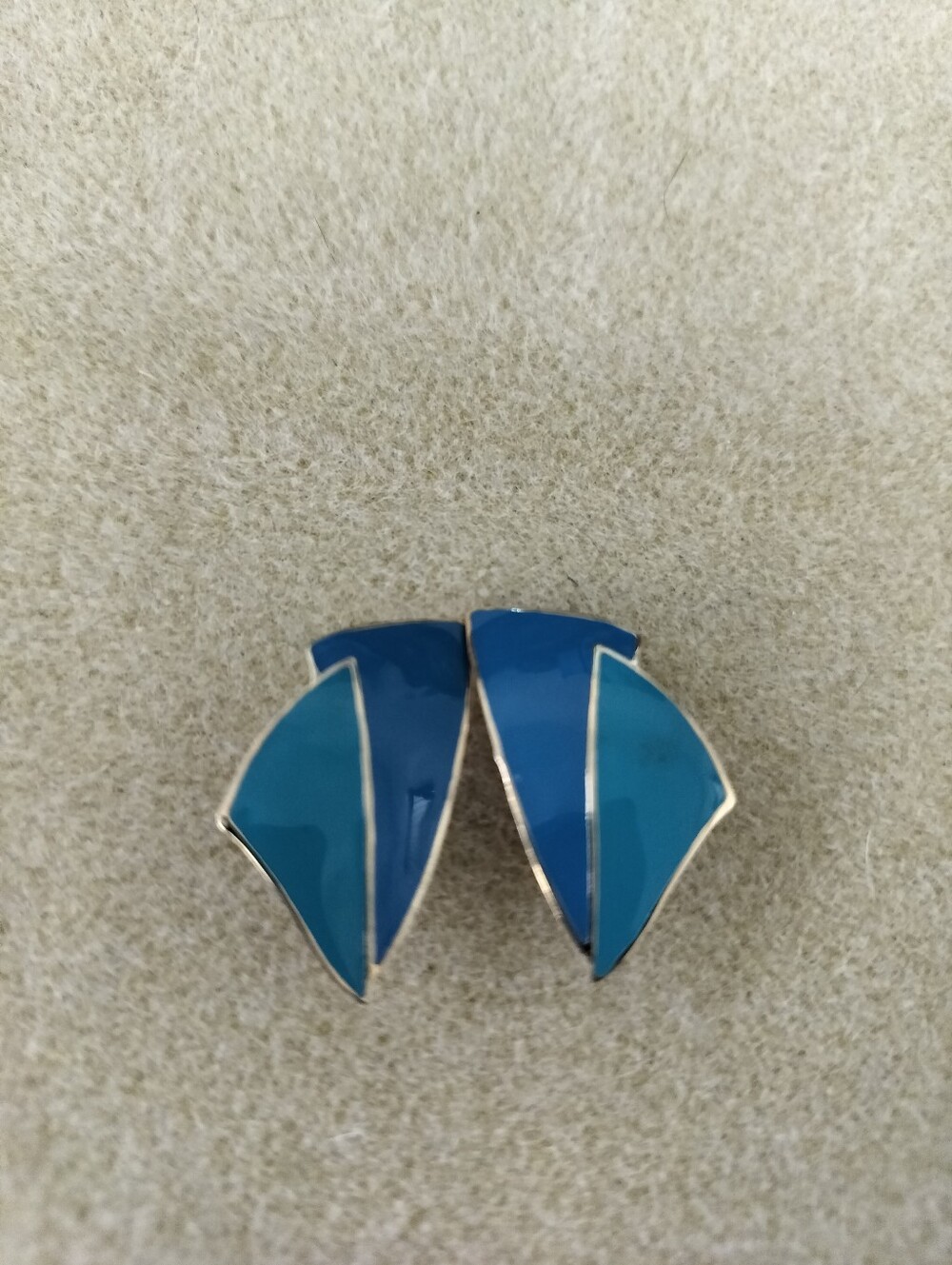 Vintage Blue Enamel Geometric Clip On Earrings Gold Tone  Modernist Retro
